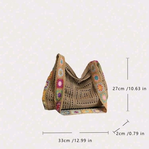 Vintage Boho Crochet Shoulder Bag - Brown with Multicolor Floral Accents - Picture 9 of 9